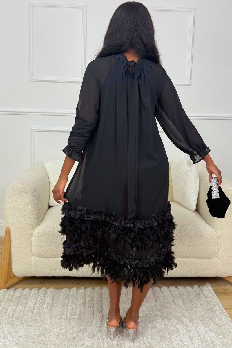 COLETTE FEATHER ADORNED MIDI DRESS - BLACK