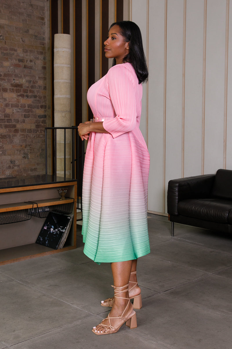 LADY OMBRE FIT & FLARE DRESS - PINK/GREEN