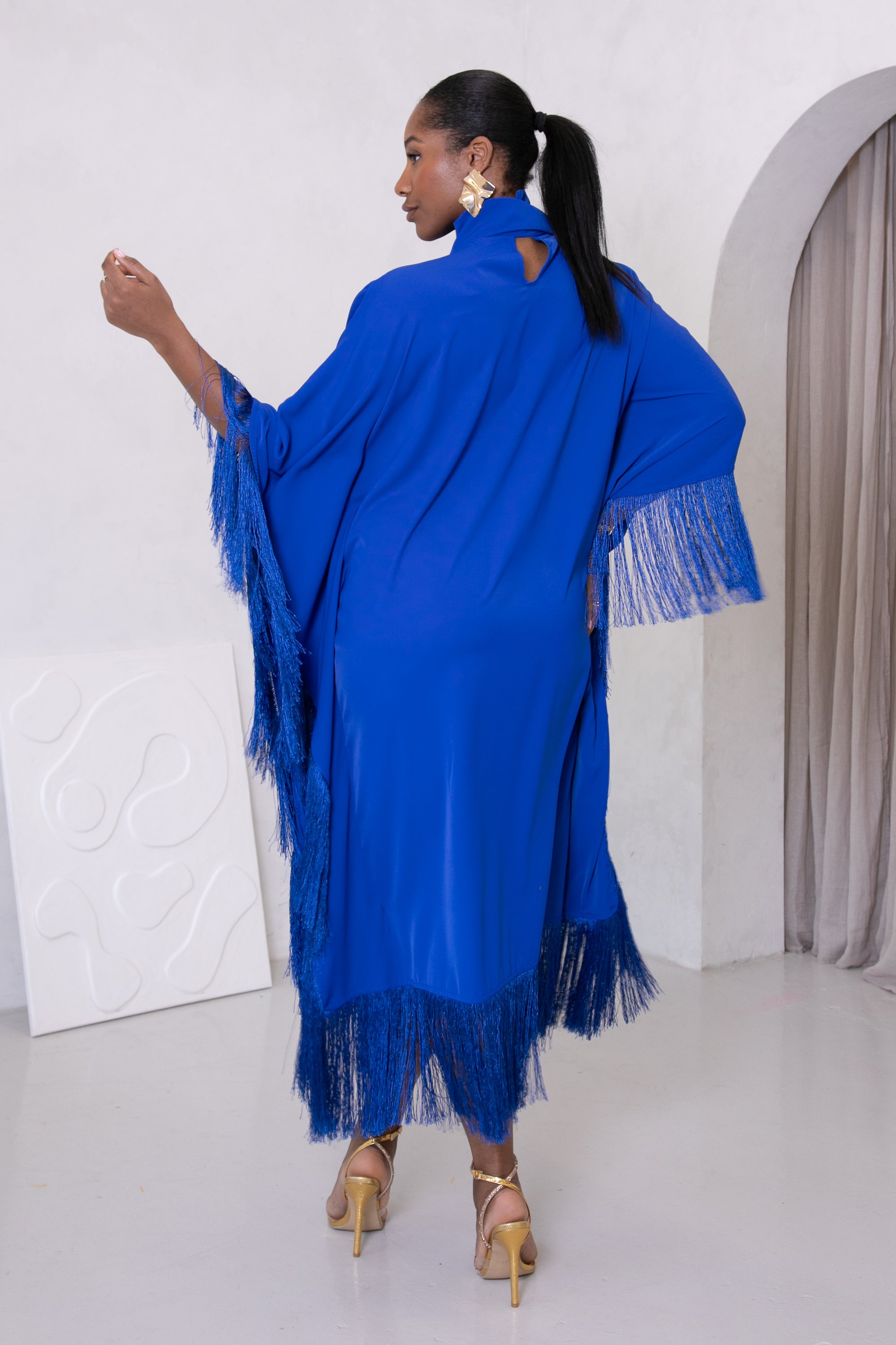 CLEOPATRA FRINGE HIGH NECK DRESS - BLUE