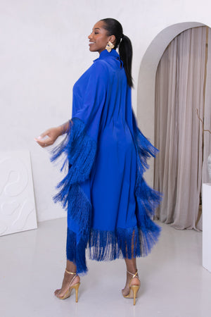 CLEOPATRA FRINGE HIGH NECK DRESS - BLUE