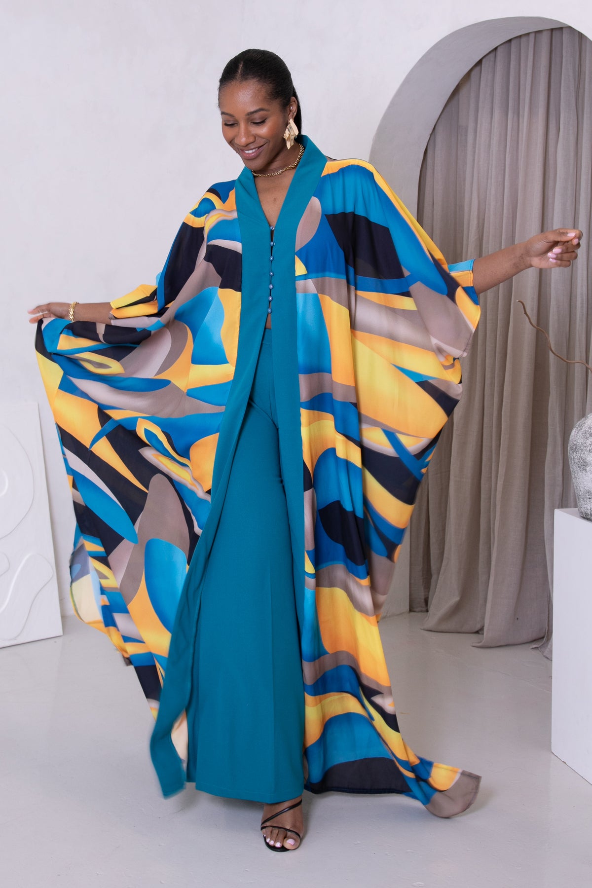 AREWA KAFTAN &amp; TROUSERS SET - TEAL &amp; YELLOW