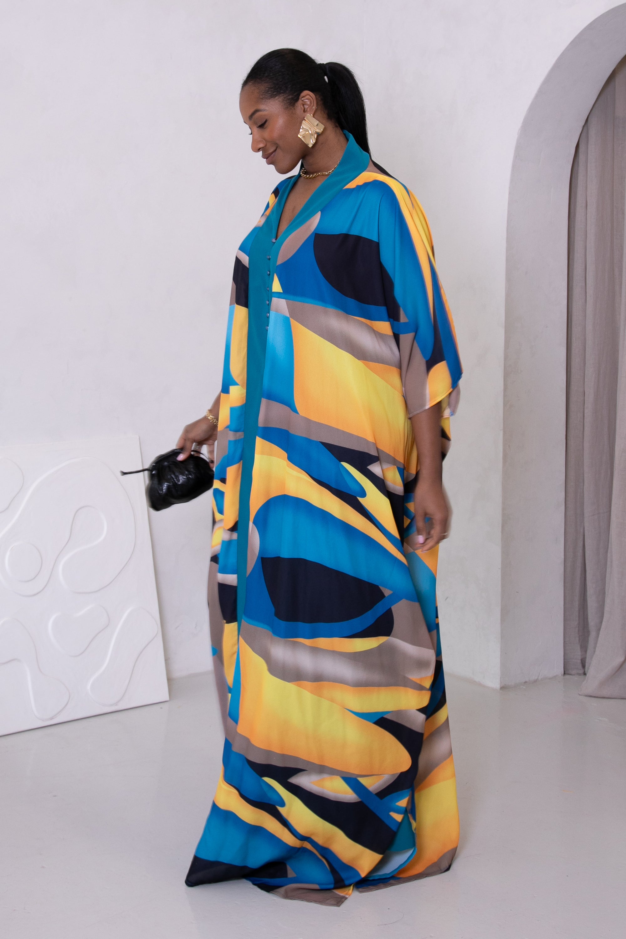 AREWA KAFTAN & TROUSERS SET - TEAL & YELLOW