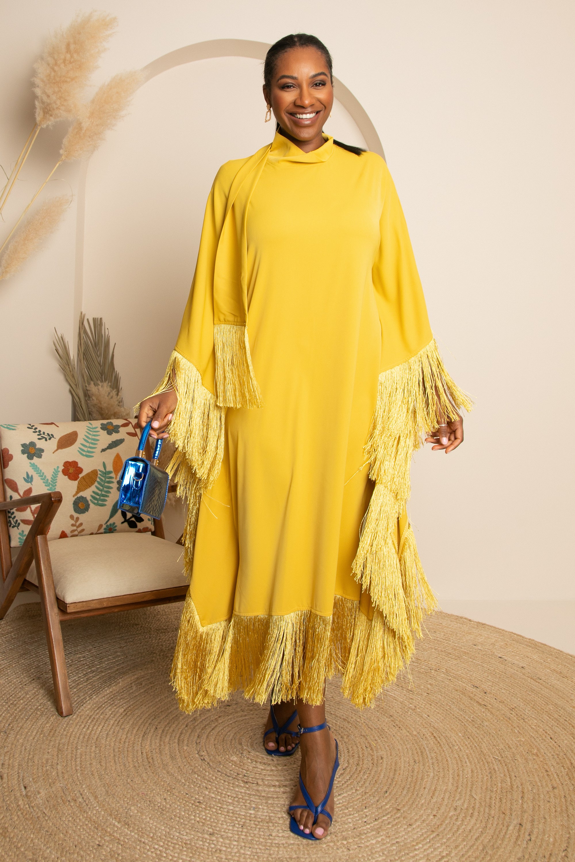 CLEOPATRA FRINGE HIGH NECK DRESS - YELLOW