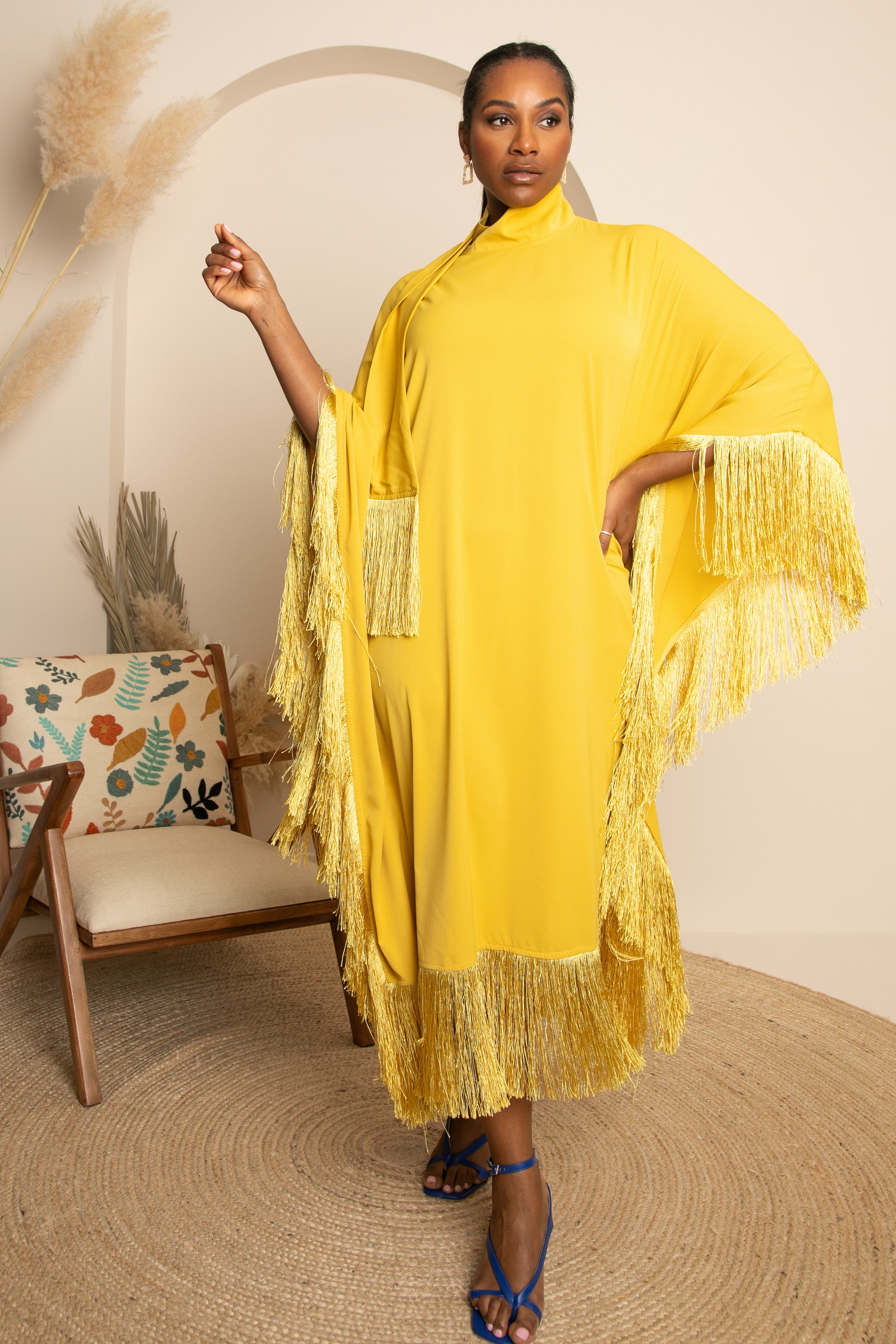 CLEOPATRA FRINGE HIGH NECK DRESS - YELLOW