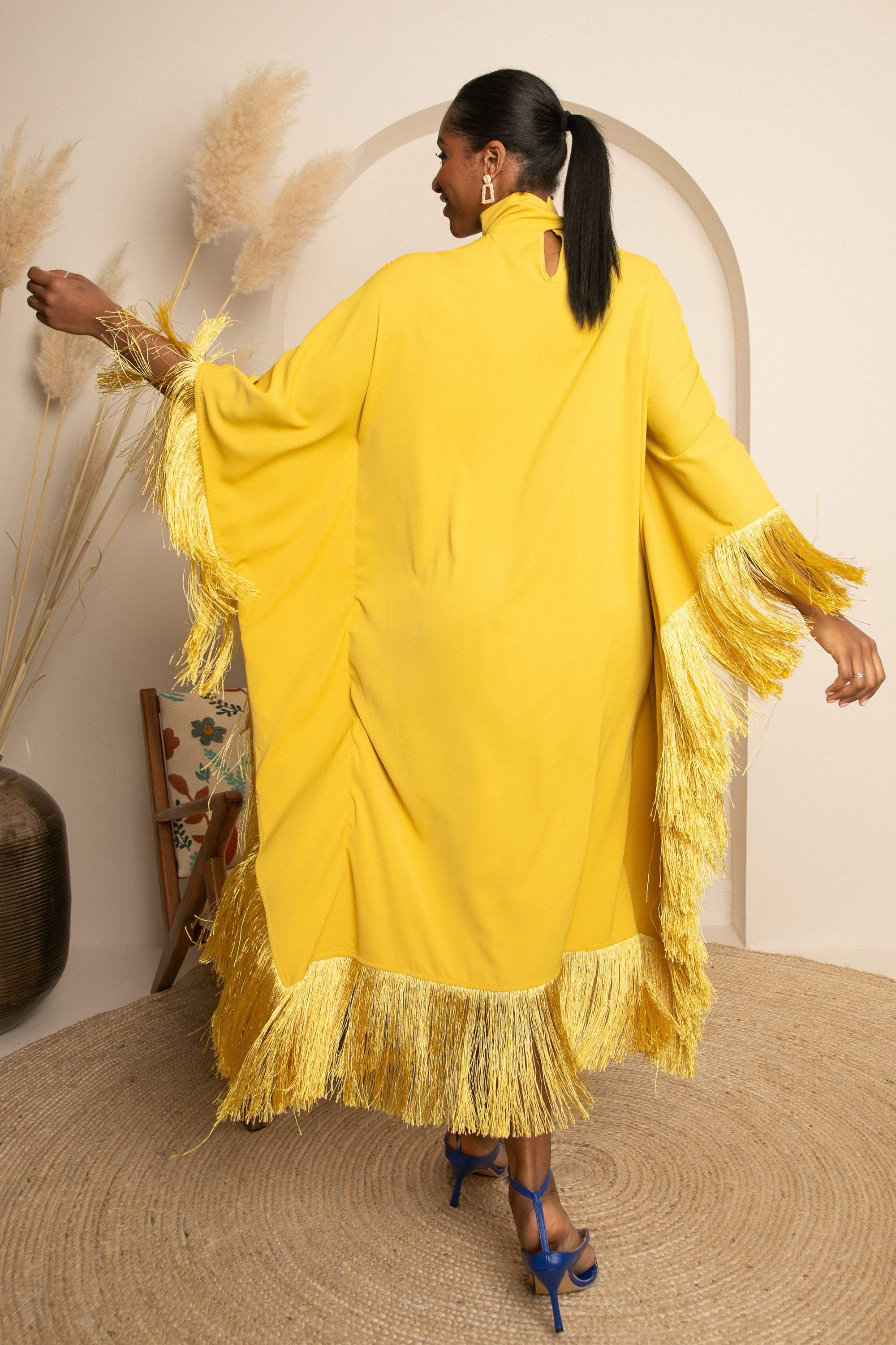 CLEOPATRA FRINGE HIGH NECK DRESS - YELLOW