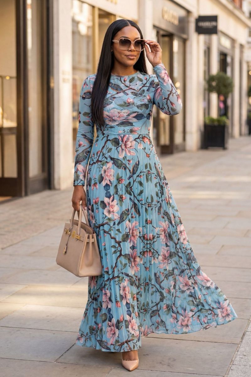 Aurelia Bloom Pleated Maxi Dress