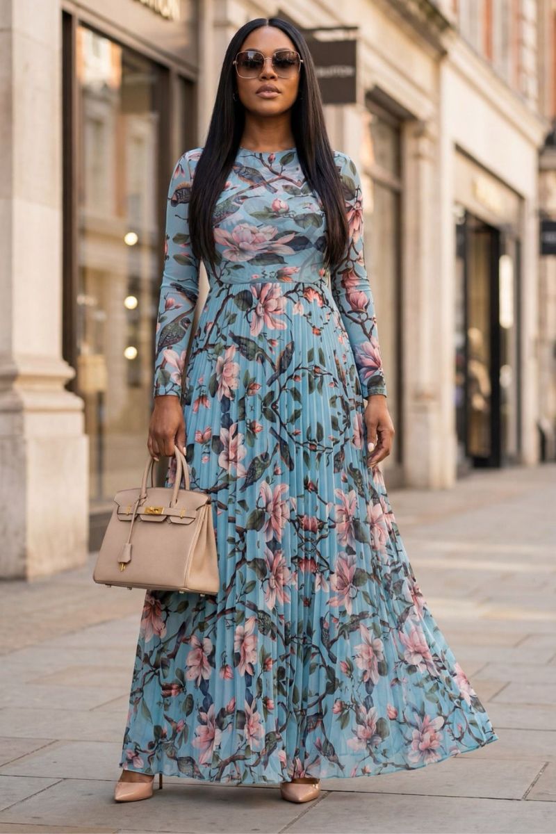 Aurelia Bloom Pleated Maxi Dress