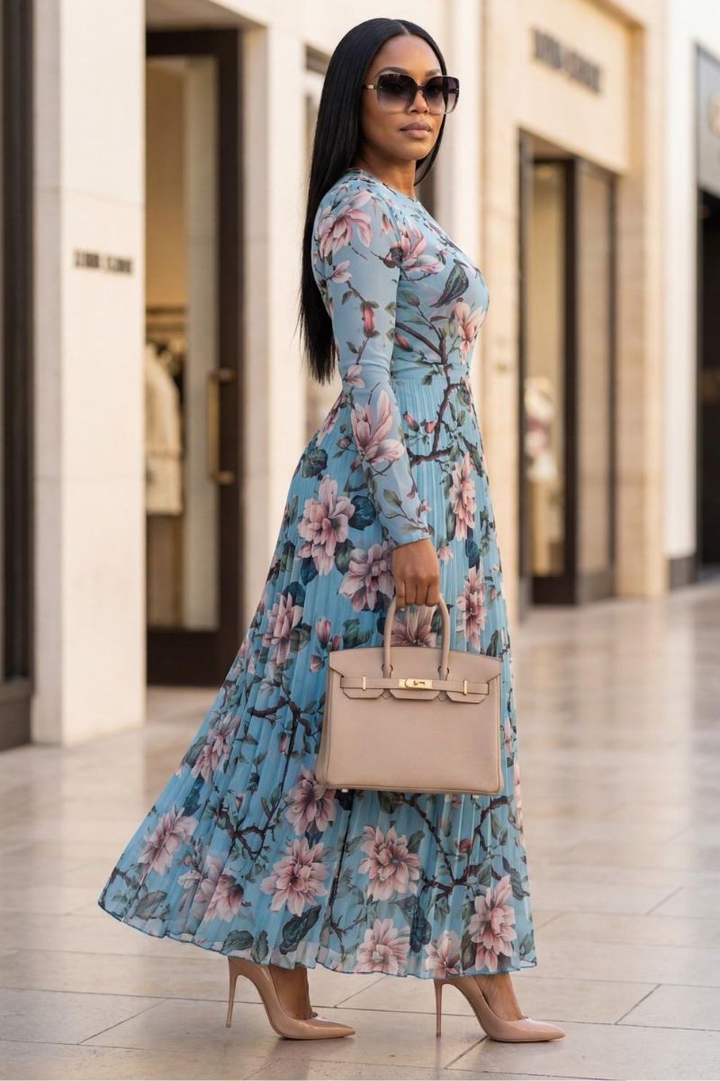 Aurelia Bloom Pleated Maxi Dress