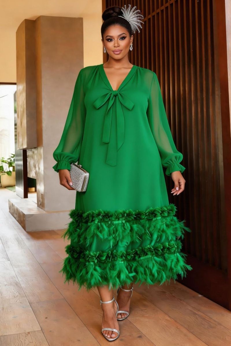 COLETTE FEATHER ADORNED MIDI DRESS - GREEN