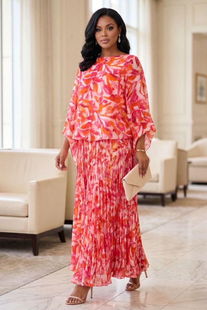 Rosalie Floral Pleated Maxi Skirt &amp; Blouse Set - Pink