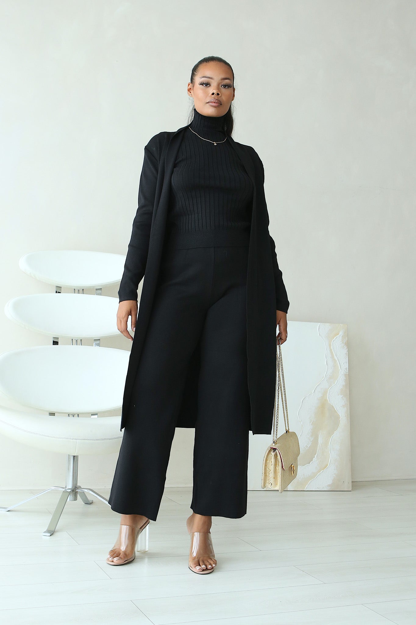 ANNA LUXE KNIT 3 PCS CO-ORDS - BLACK
