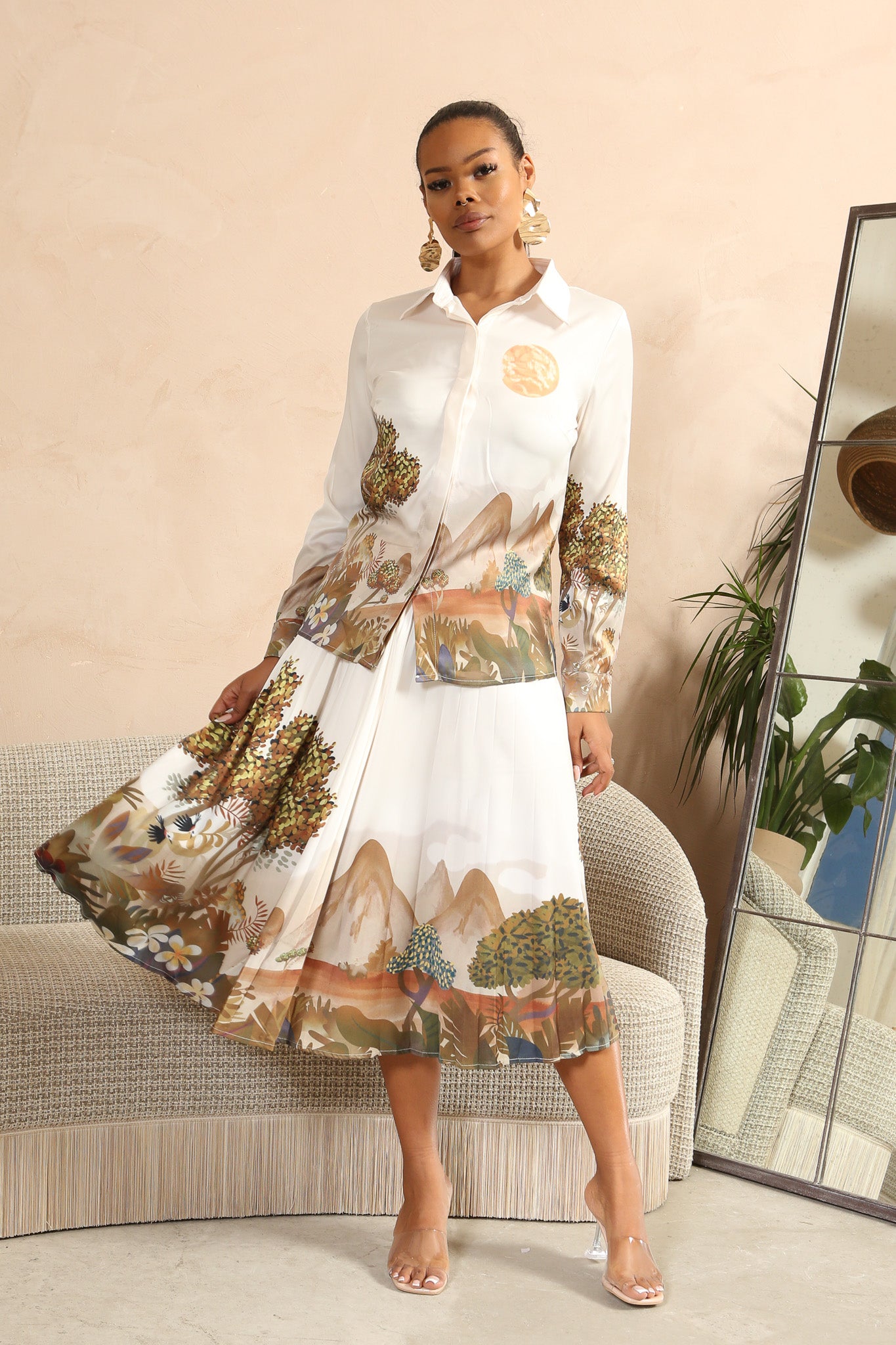 CREAM PLEATED SKIRT & SHIRT SET