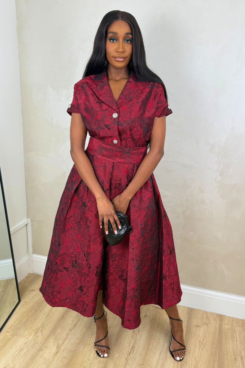 CRIMSON JACQUARD BOW DRESS