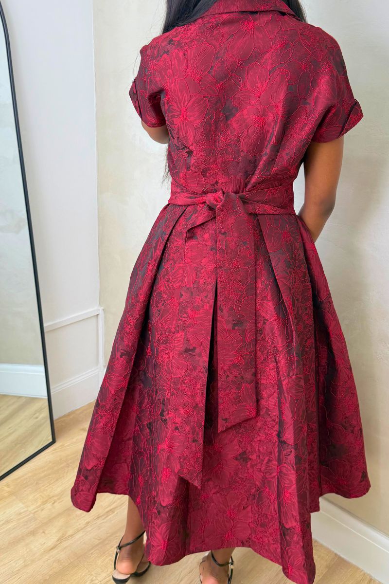 CRIMSON JACQUARD BOW DRESS
