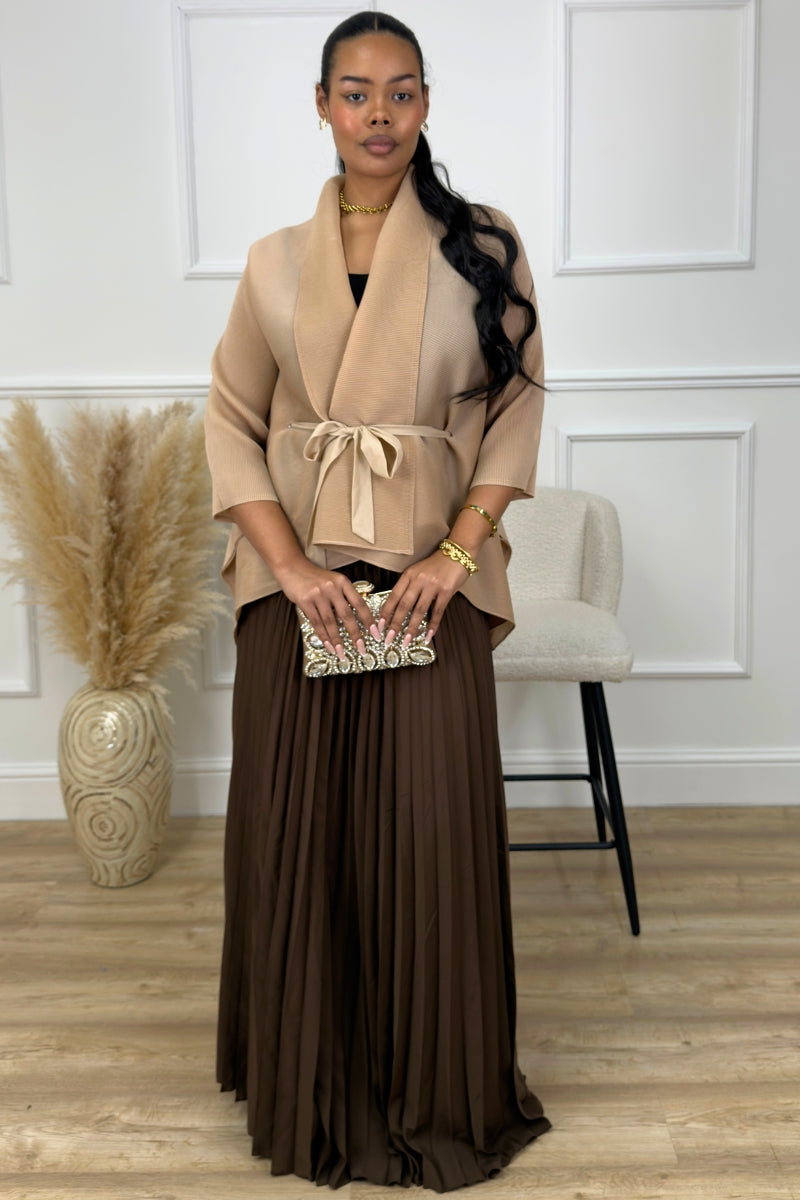 JANICE PLISSE BLOUSE &amp; PLEATED SKIRT SET - BROWN