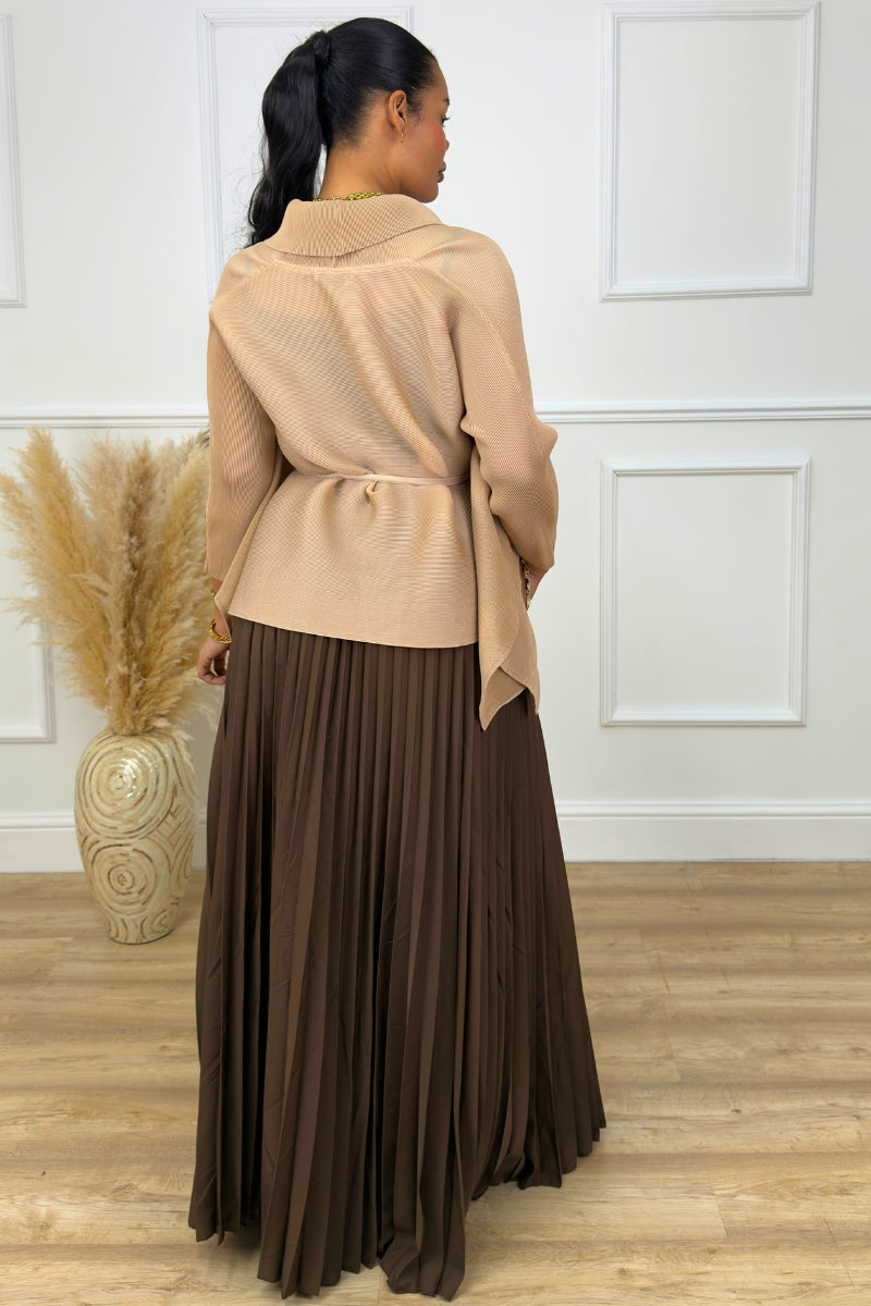 JANICE PLISSE BLOUSE & PLEATED SKIRT SET - BROWN