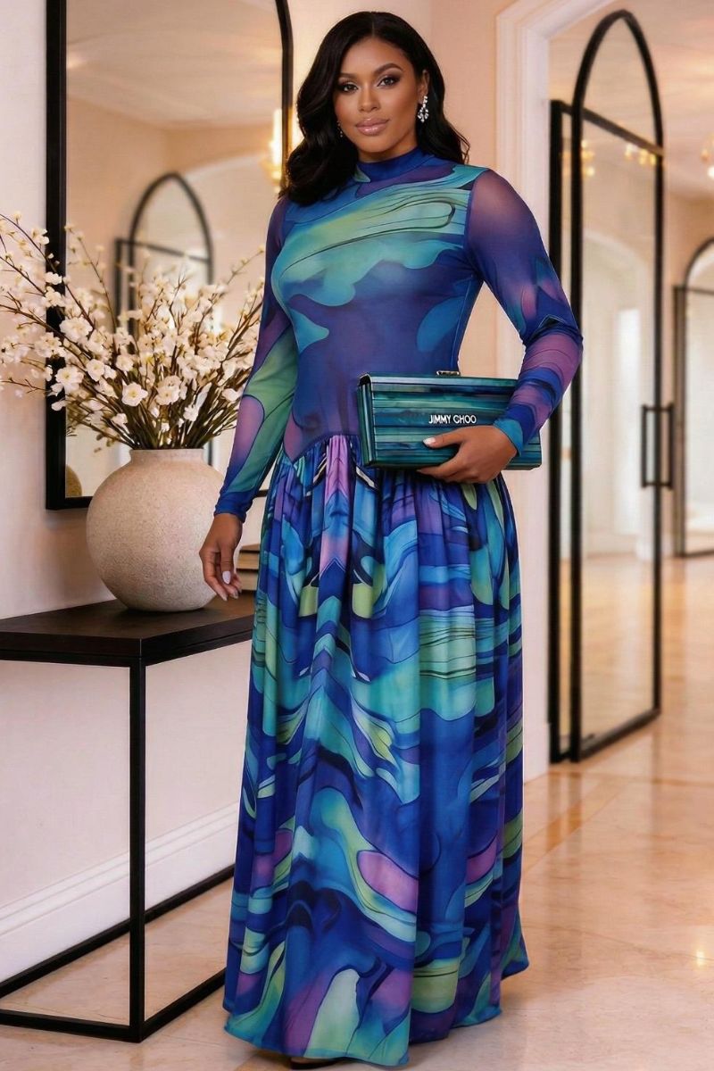 Blue Mirage Mesh Maxi Dress