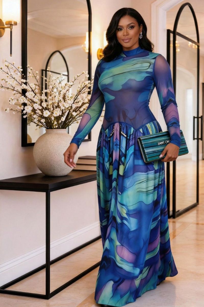 Blue Mirage Mesh Maxi Dress