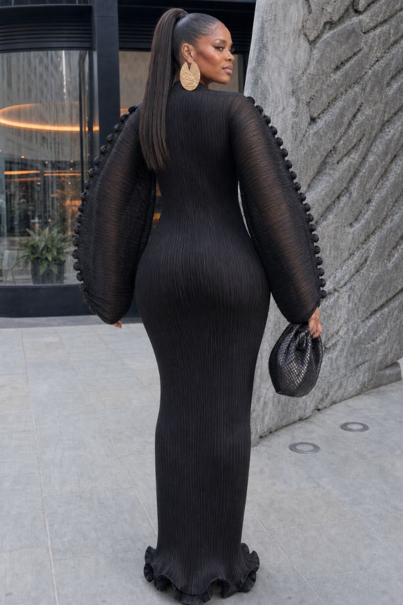 Mirabel Plissé Balloon Sleeve Maxi Dress - Black