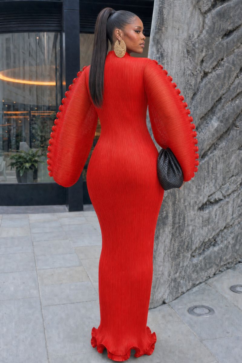 Mirabel Plissé Balloon Sleeve Maxi Dress - Red