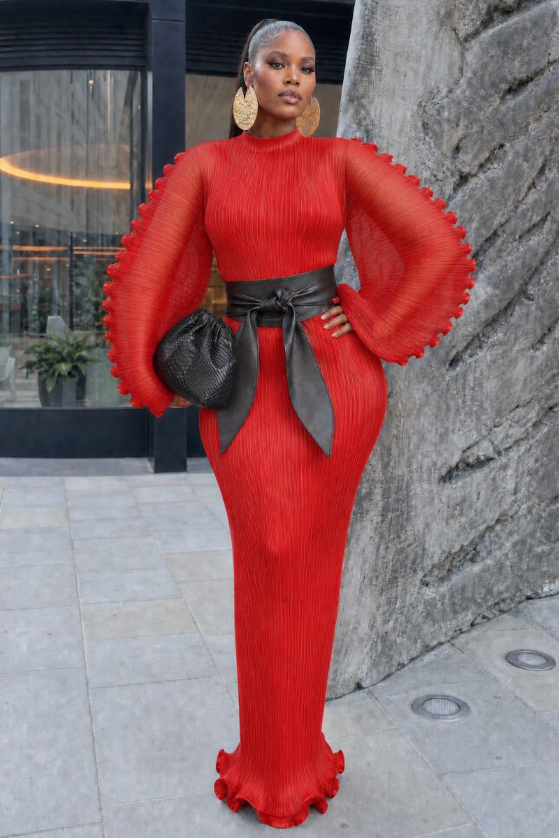 Mirabel Plissé Balloon Sleeve Maxi Dress - Red