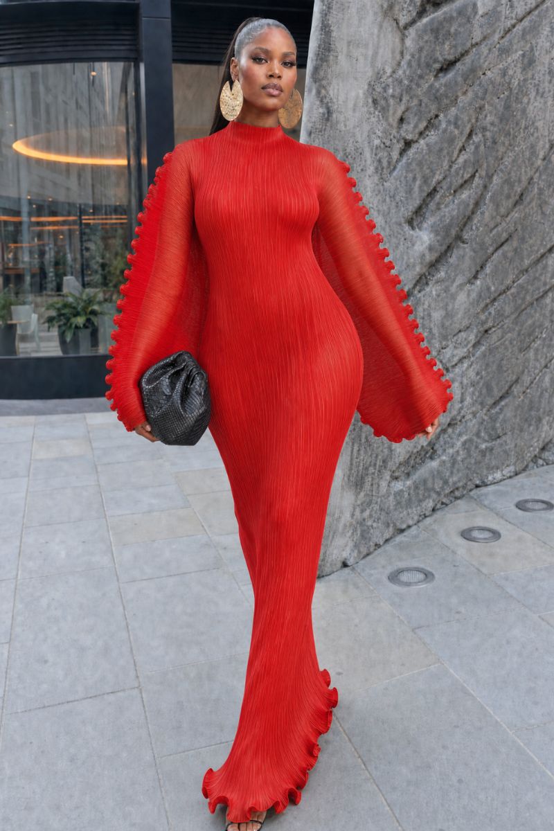 Mirabel Plissé Balloon Sleeve Maxi Dress - Red