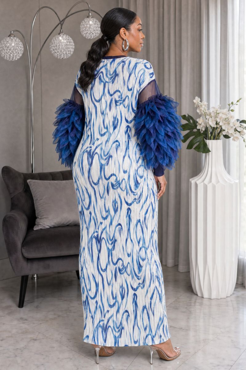 Noelle Blue Swirl Print Plissé Maxi Dress
