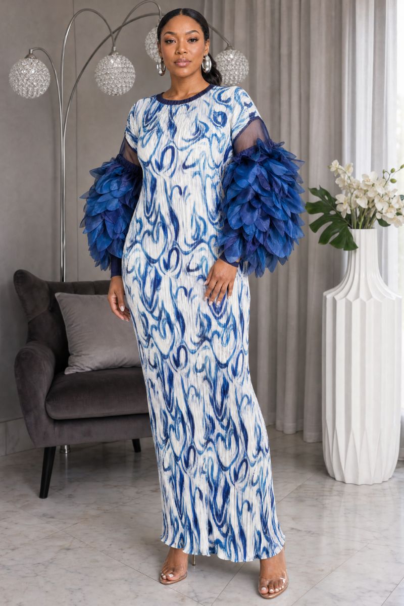 Noelle Blue Swirl Print Plissé Maxi Dress