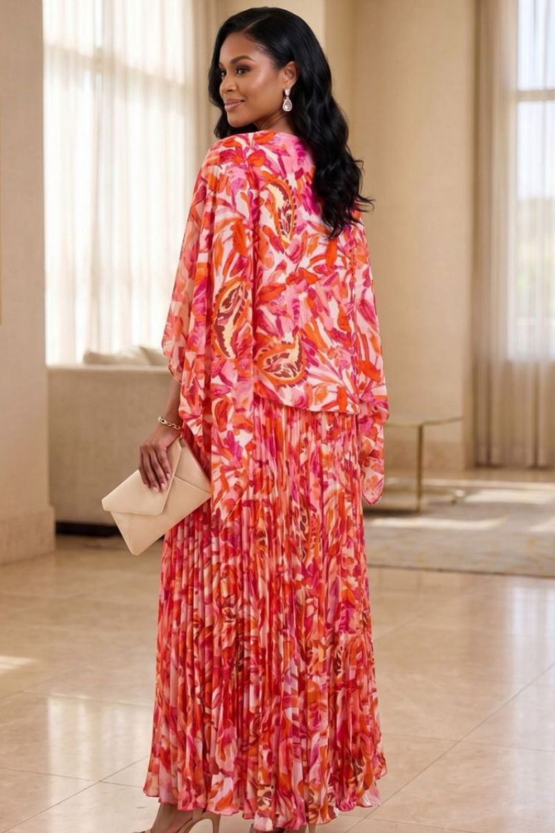 Rosalie Floral Pleated Maxi Skirt & Blouse Set - Pink