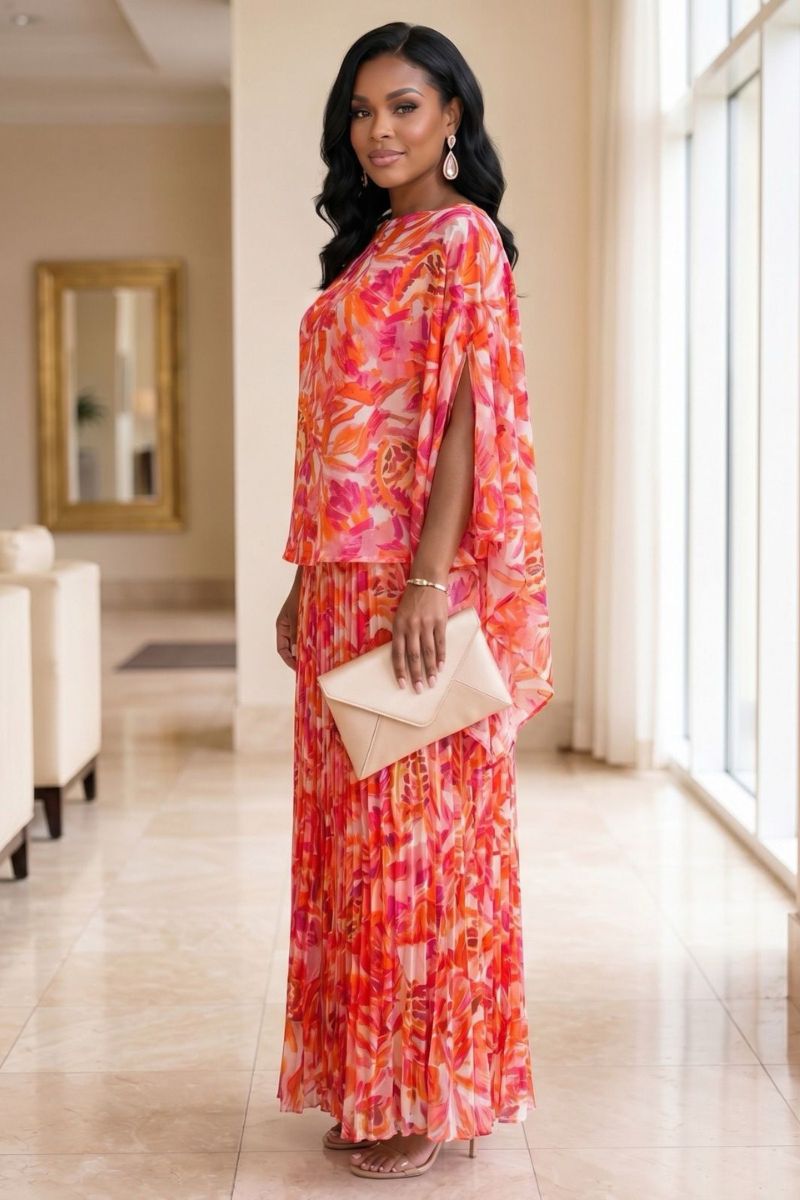 Rosalie Floral Pleated Maxi Skirt & Blouse Set - Pink