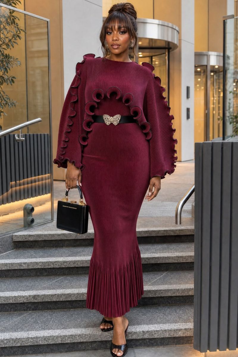 Rosette Cape Pleated Dress