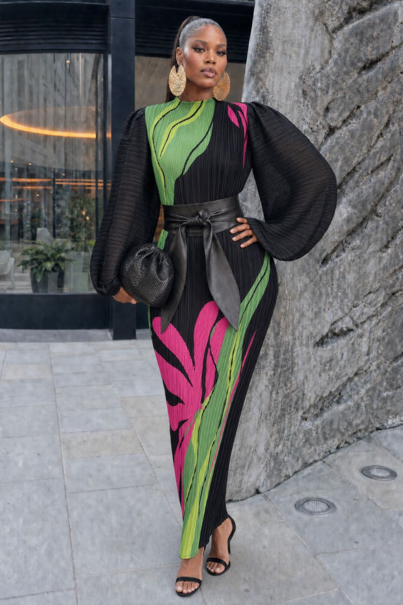 Shania Printed Plissé Balloon Sleeve Maxi Dress