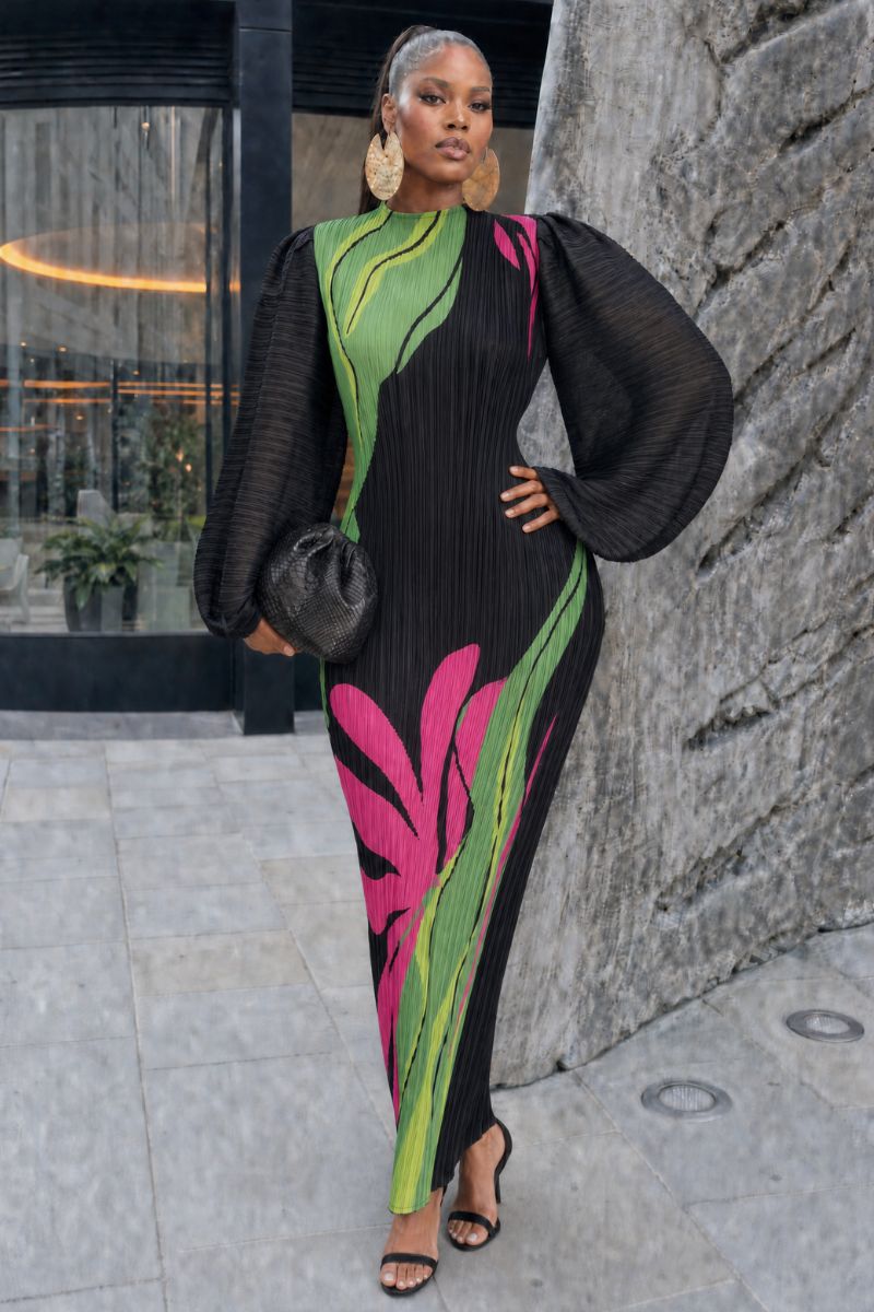 Shania Printed Plissé Balloon Sleeve Maxi Dress