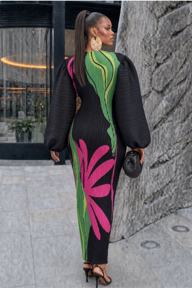 Shania Printed Plissé Balloon Sleeve Maxi Dress