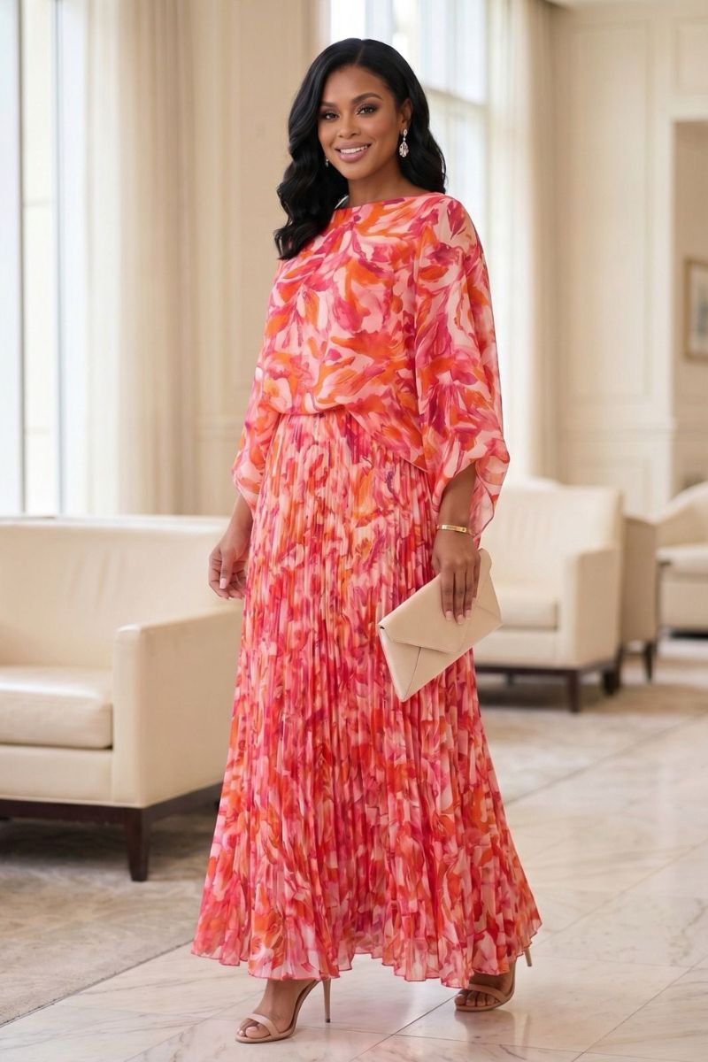 Rosalie Floral Pleated Maxi Skirt & Blouse Set - Pink