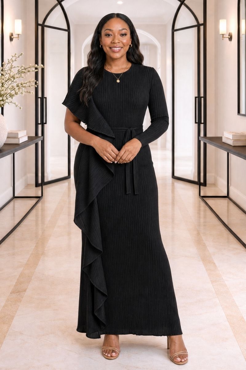 Esther Plissé Ruffle Dress - Black