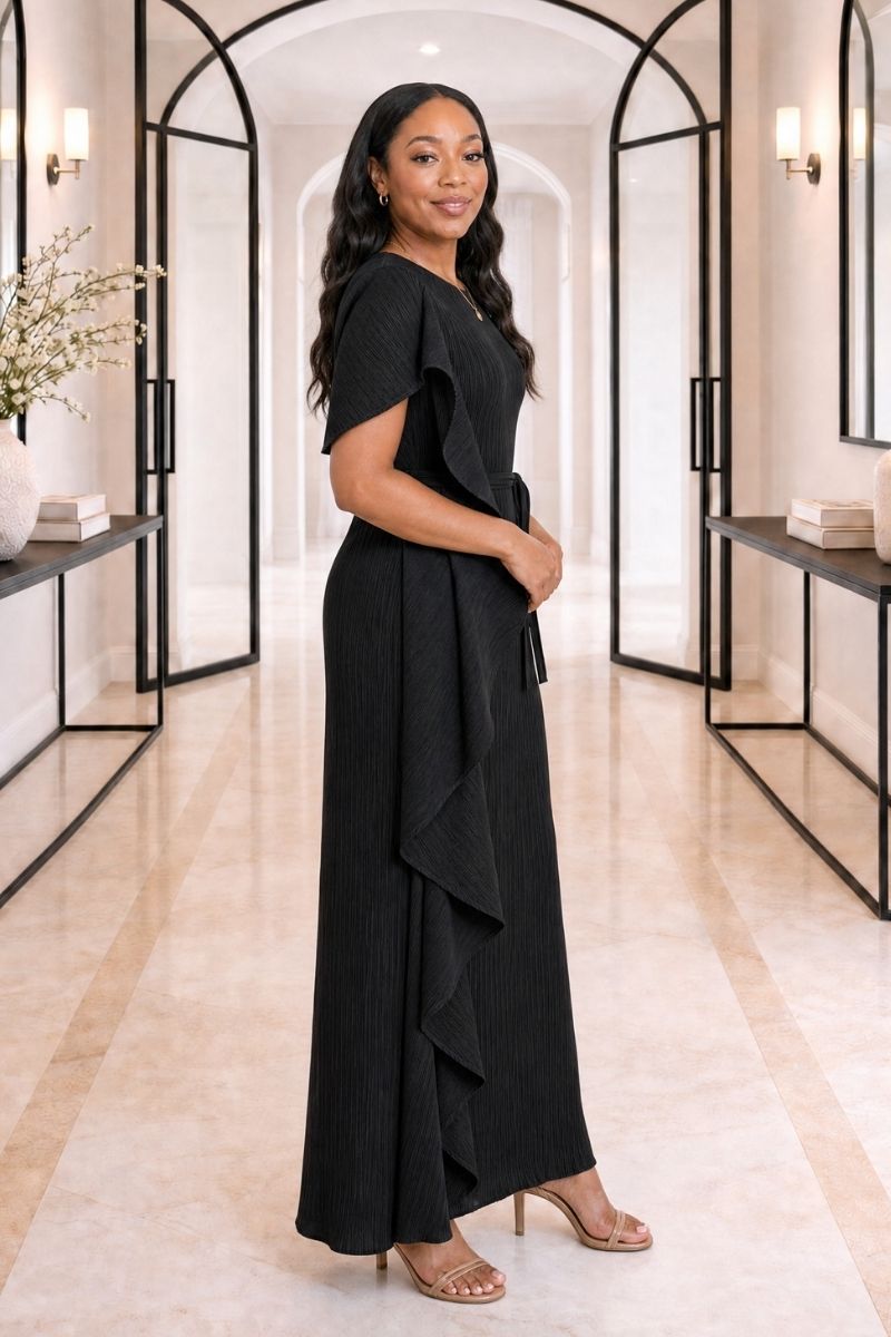 Esther Plissé Ruffle Dress - Black