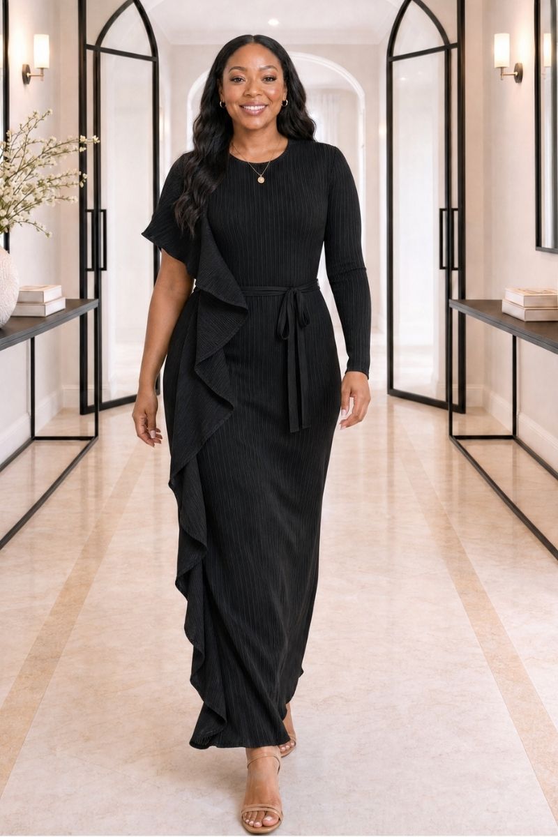 Esther Plissé Ruffle Dress - Black