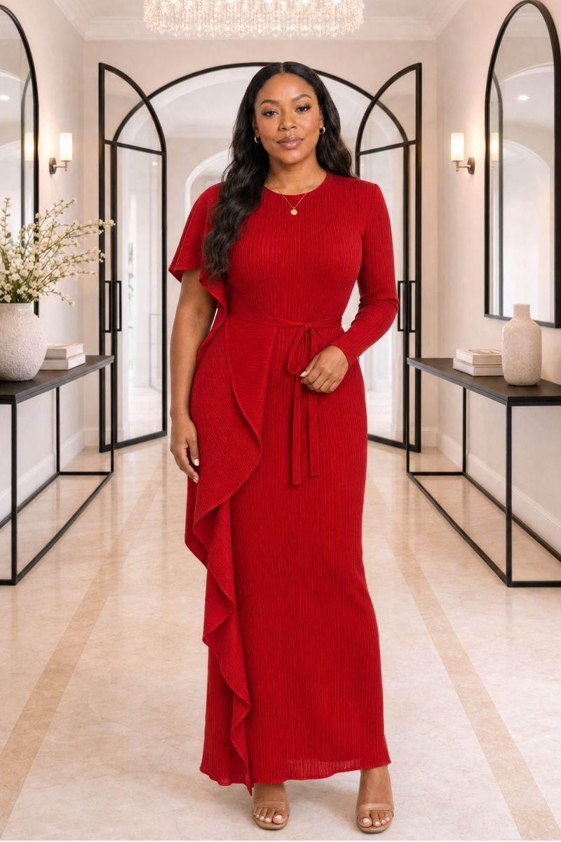 Esther Plissé Ruffle Dress - Red