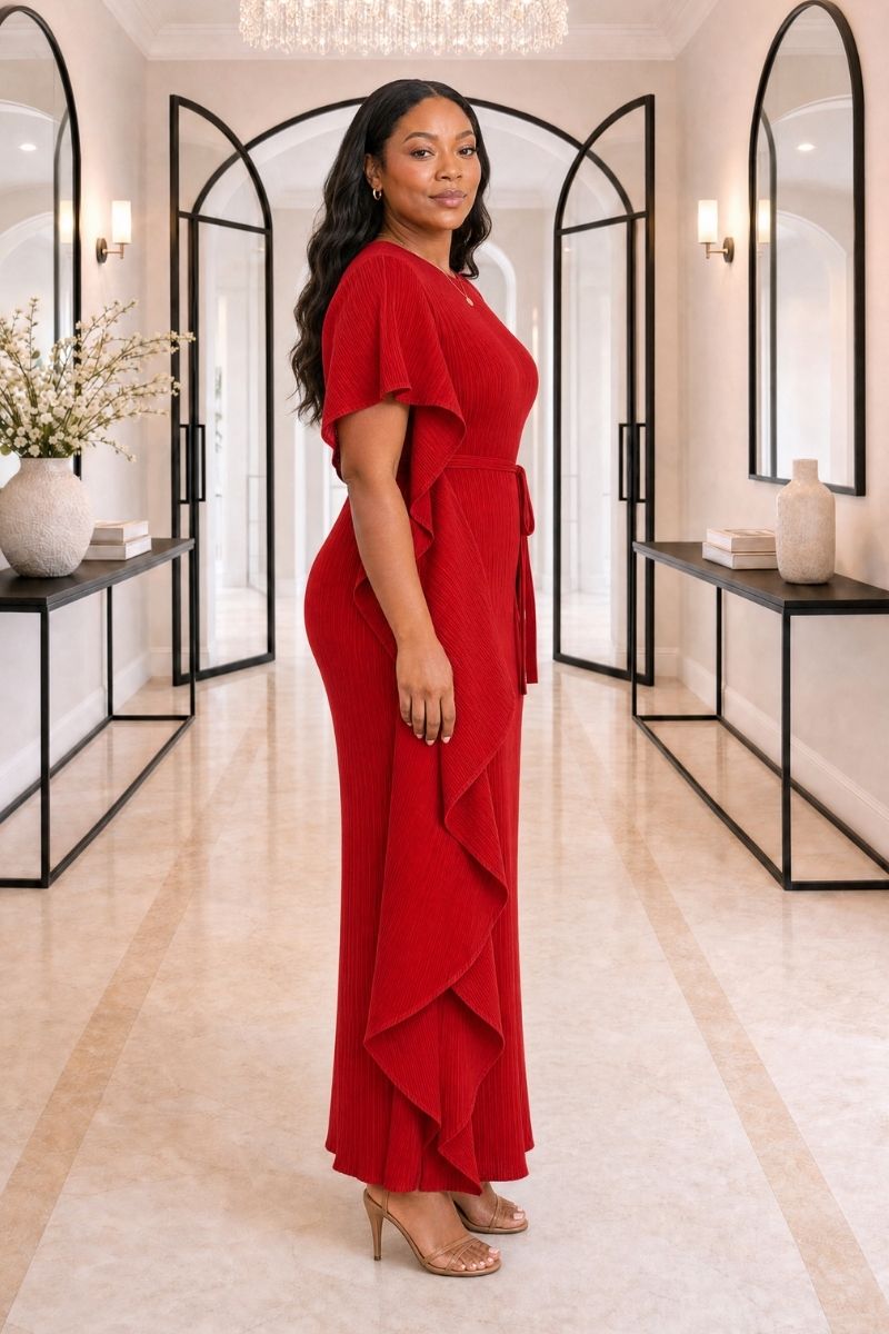 Esther Plissé Ruffle Dress - Red