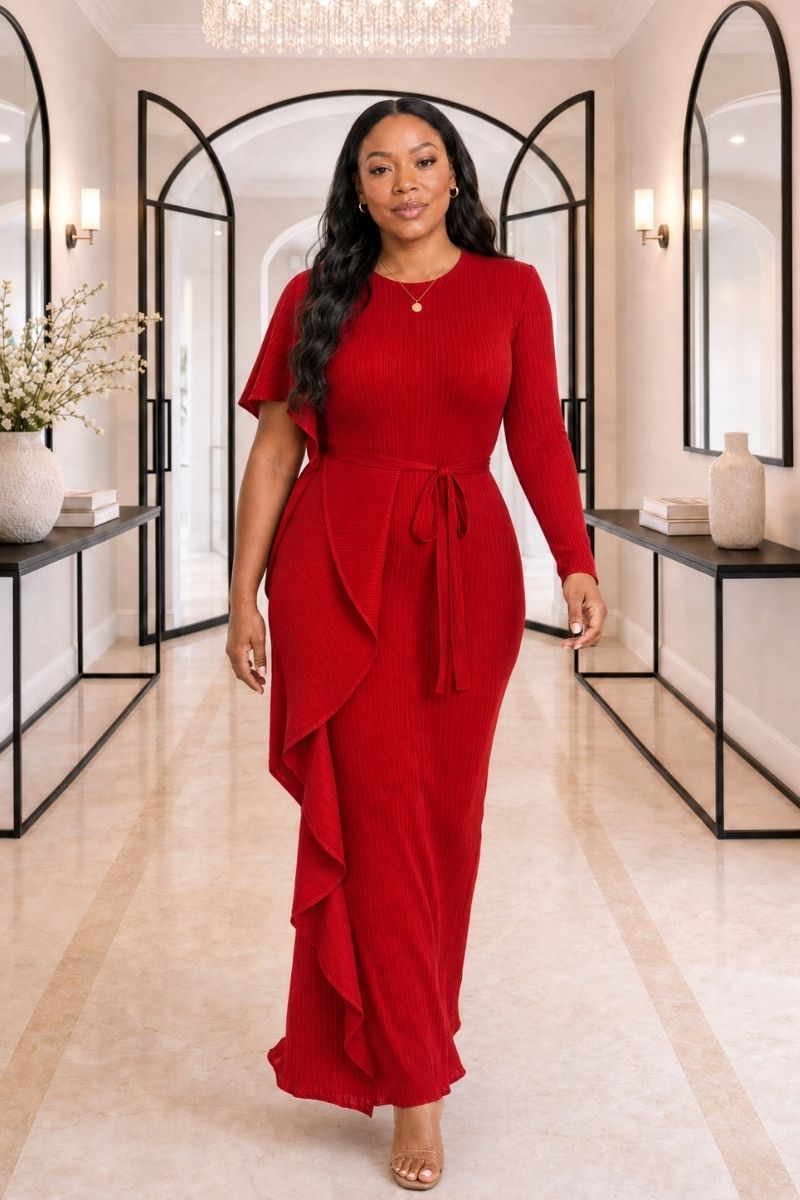 Esther Plissé Ruffle Dress - Red