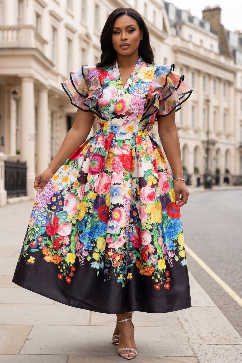 ELARA BLOOM WRAP DRESS - BLACK