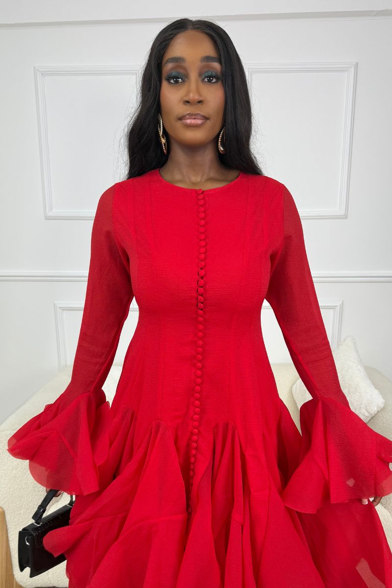 TIMELESS GRACE RUFFLE DRESS - RED