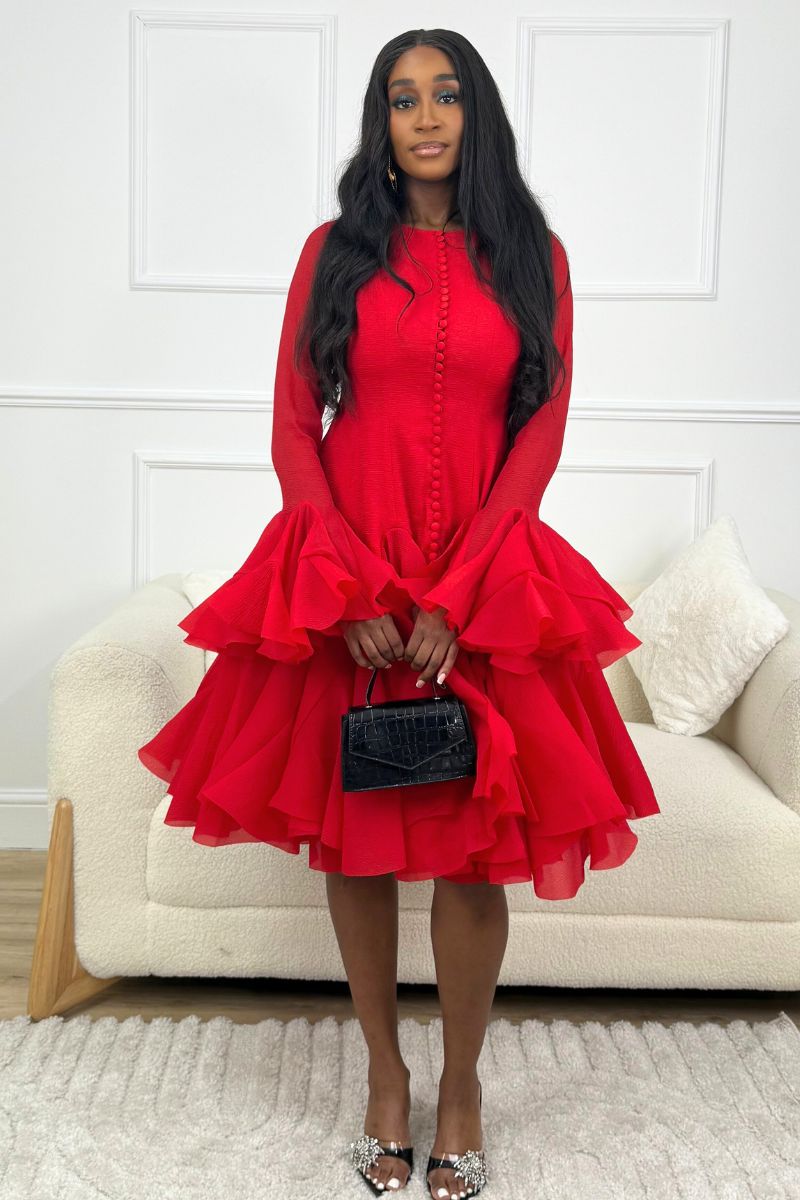 TIMELESS GRACE RUFFLE DRESS - RED
