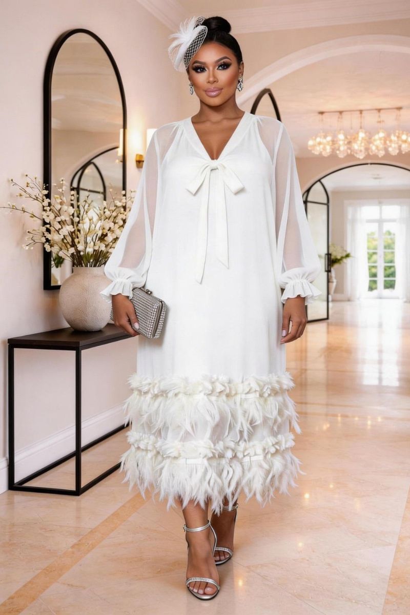 Colette Feather Trim Midi Dress - White