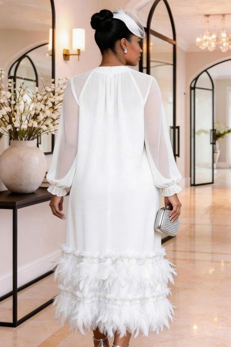 Colette Feather Trim Midi Dress - White