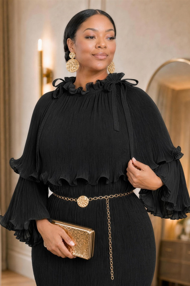 Arabella Plissé Cape Dress in black, close-up of ruffled neck, cape and gold chain belt