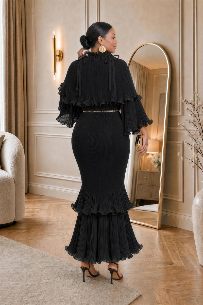 Arabella Plissé Cape Dress in black, back view