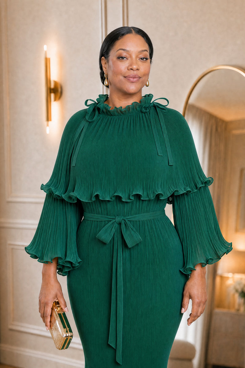 Arabella Plissé Cape Dress in emerald, close-up of cape, sleeves and tie belt