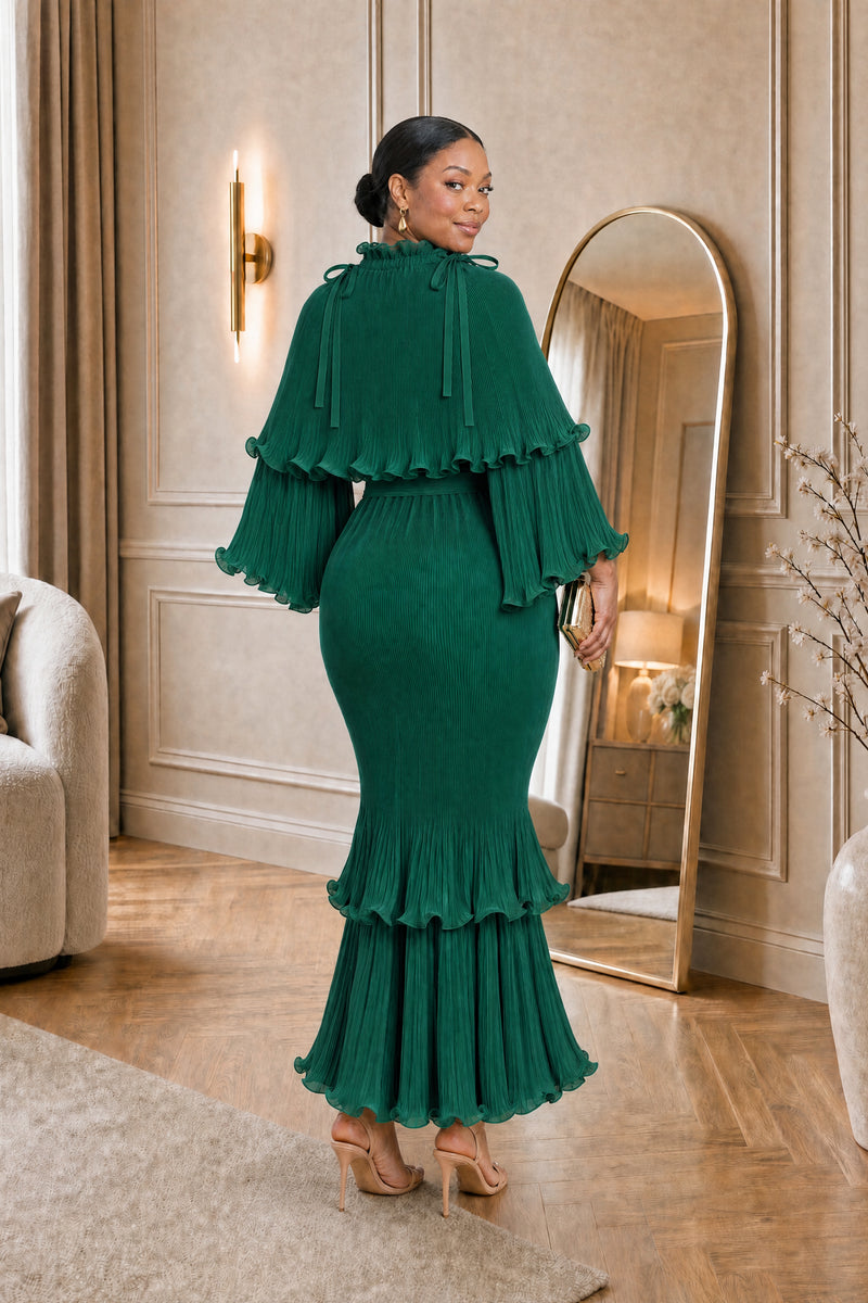 Arabella Plissé Cape Dress in emerald, back view